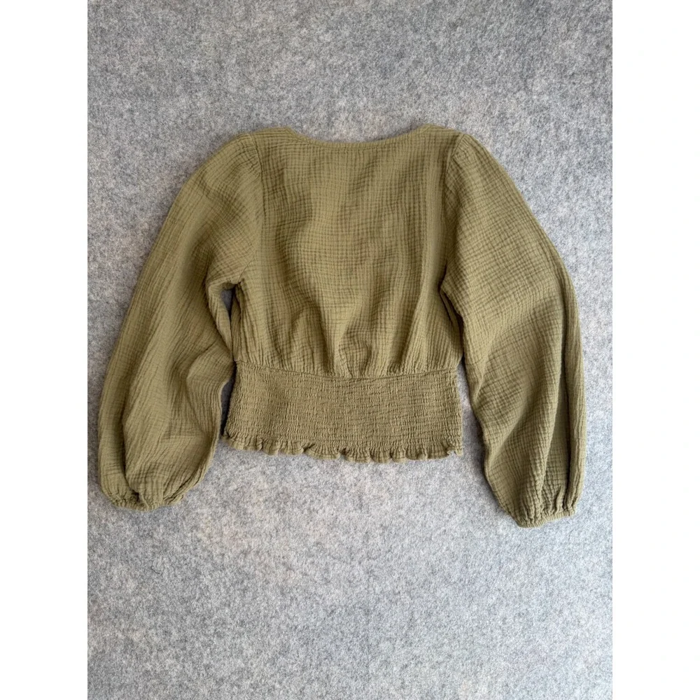 Madewell Lightspun Julianne Smocked Gauze Peplum Top Womens S Green Puff Sleeve